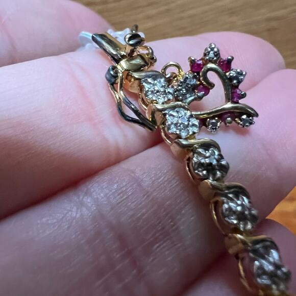 Tennis Bracelet Heart Diamond & Ruby Accent 18K Gold Over Sterling Silver NEW - Picture 9 of 11